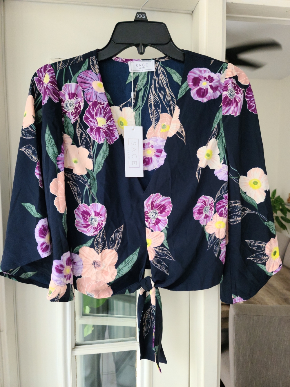 Sage Navy Floral Tie-Front Blouse with Pink & Purple Blooms